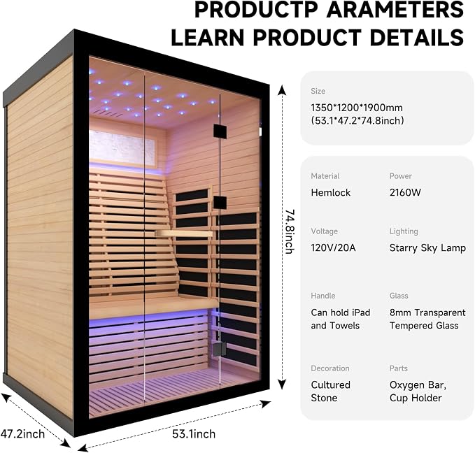 OUTEXER 2 Person Infrared Sauna Room Far Infrared Saunas Home Canadian Hemlock Indoor 2100W Low-EMF Dry Saunas with Oxygen Bar 7 Color Therapy 53.1 * 47.2 * 74.8inch