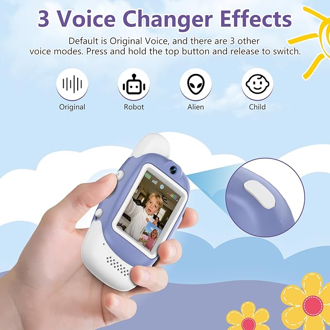 Video Walkie Talkies for Kids, 2 Pack Rechargeable Video Walkie Talkies, HD Camera, Voice Changer, for Family Fun Camping and Travel, Ages 3-12, Green and Purple