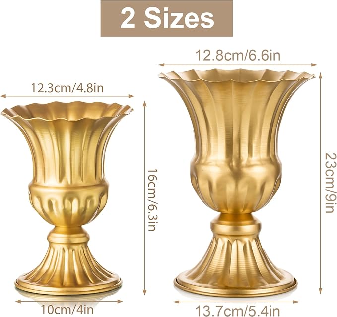 Sziqiqi Gold Metal Vase for Centerpiece, Table Flower Arrangements, 10Pcs | 9in Tall Compote Vase, Trumpet Urn Vase for Decoration, Planter Pot for Artificial Flower, For Reception, Home, Party Decor