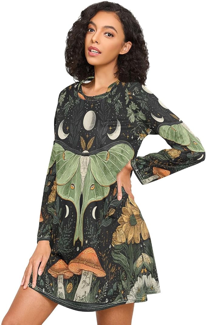 ALAZA Long Sleeve Nightgowns for Women Green Moth Forest Floral Moo Moos Sleep Shirts Moomoo House Dresses Sleepwear