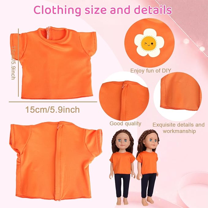 5-Piece Plain T-Shirts for 17-18 Inch Bear Clothes DIY Customizable Solid Color Tees (Orange)