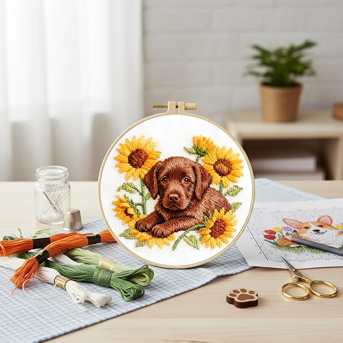 Embroidery Kit for Beginners Adults Labrador 11.4 * 11.4inch Stamped Cross Stitch Kits Needlepoint Starter Set with Embroidery Hoop, Color Threads, Needles and Instructions, Stitches Kit