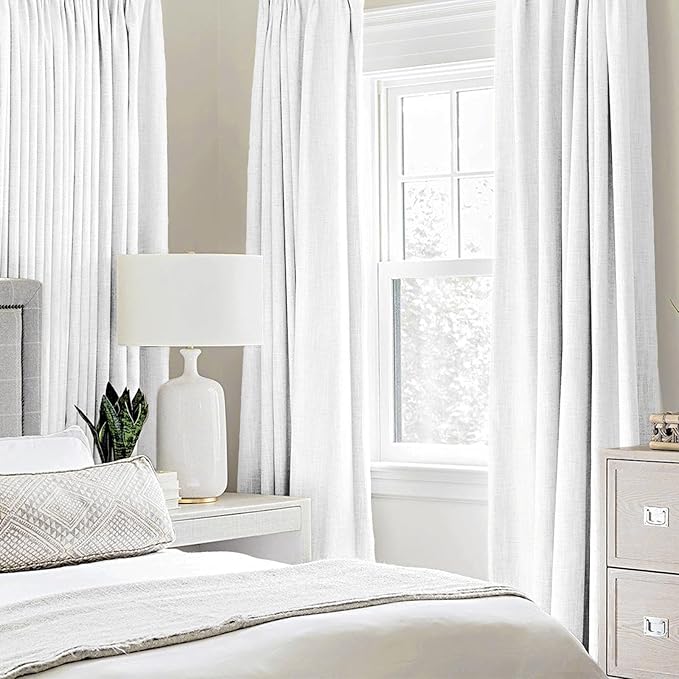 MIULEE 100% Blackout Linen Textured Curtains for Bedroom Solid Thermal Insulated Bright White Grommet Room Darkening Curtains & Drapes Luxury Decor for Living Room 52 x 84 Inch (2 Panels)