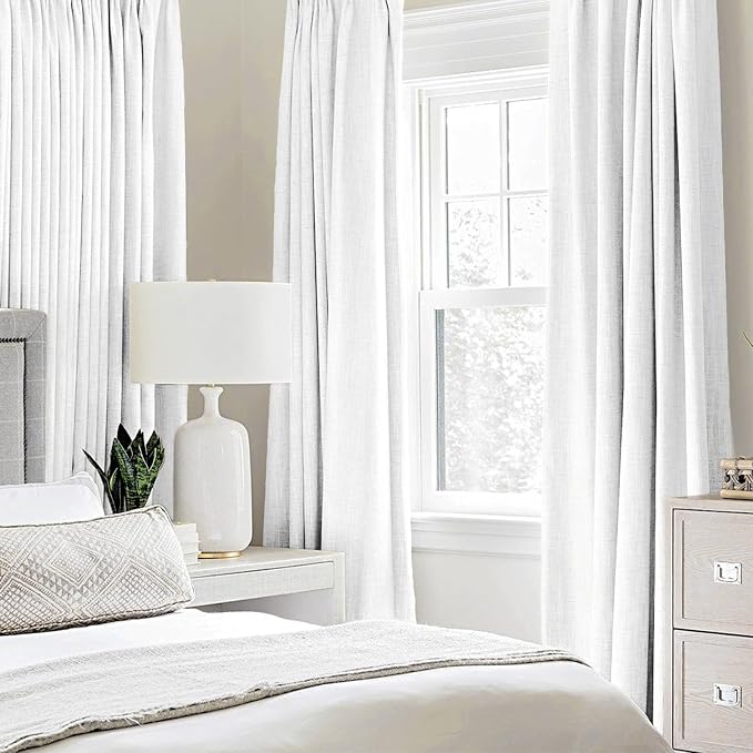 MIULEE Linen Textured Curtains for Bedroom Solid 100% Blackout Thermal Insulated Bright White Grommet Room Darkening Curtains & Drapes Luxury Decor for Living Room 52 x 54 Inch (2 Panels)