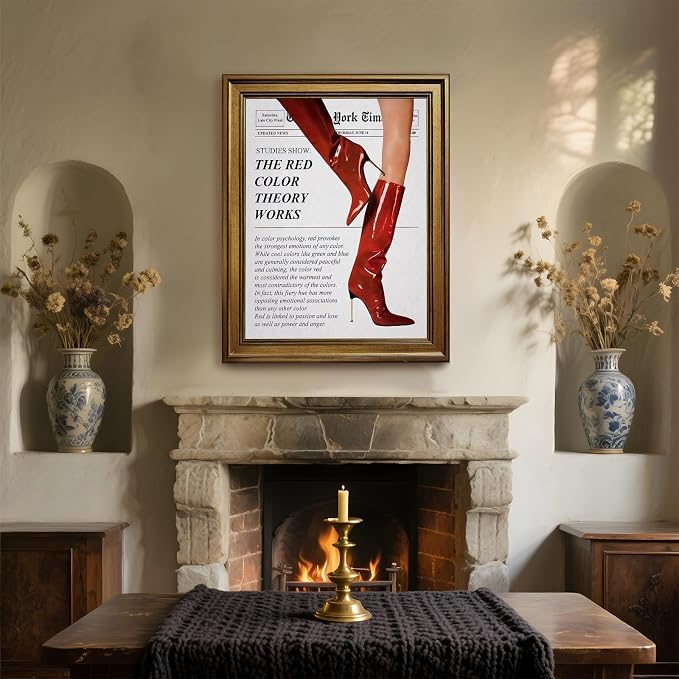 Vintage Color Theory Newspaper Poster Retro Fashion Red Boots Canvas Wall Art Funky Girl Room Decor Feminist Quote Print Wall Decor Aesthetic for Girly Bedroom Home Dorm 24x36inch Gold Framed