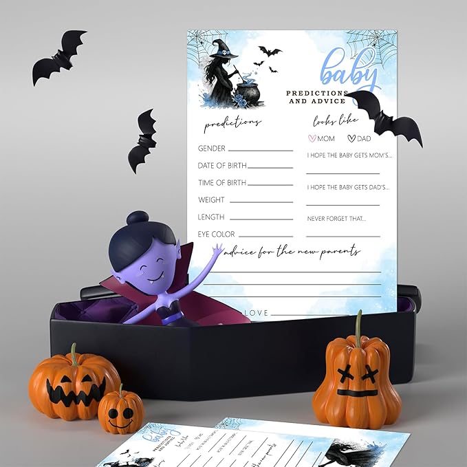 Hilarious Baby Shower Games, 25 Sets Halloween Baby Predictions, Blue Witch Gender Reveal Game Cards for Party Announcement Supplies - B02