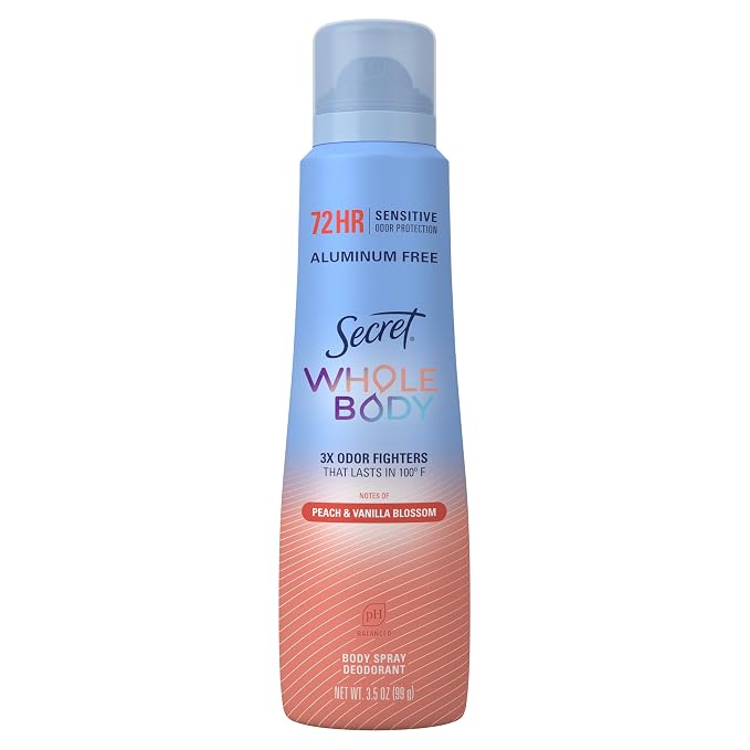 Secret Aluminum Free Whole Body Deodorant Spray for Women, 72hr Sensitive Freshness & Odor Defense, PH Balanced, Invisible Protection, Safe to Use Everywhere, Peach & Vanilla Blossom Scent, 3.5 oz