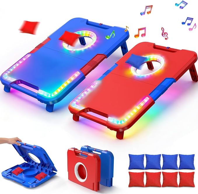 TERRAMUS Light-Up Cornhole Board Set, Corn hole Sets with Sound Effects, 2 Foldable Boards & 8 Bean Bags, Portable Outdoor Toss game, Backyard Party Camping Toys Gifts for Kids,Teens,Family,Ages 6-12+