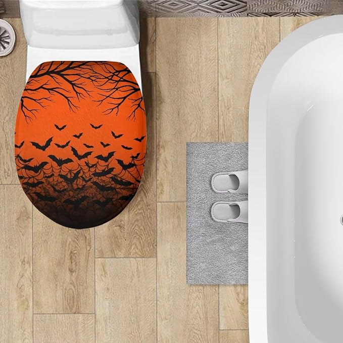 Halloween Bats Toilet Lid Cover, Flannel Soft Dustproof Toilet Seat Cover, Machine Washable Reusable Toilet Lid Cover