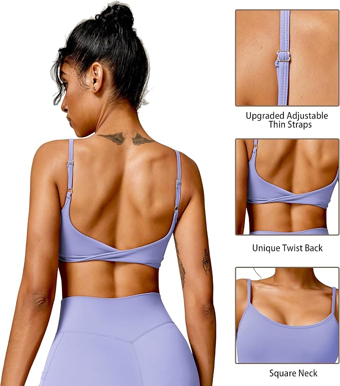 QUOJIZY Sports Bras for Women Open Back Workout Tops for Women Yoga Bra Spaghetti Straps Twist Back