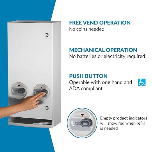 Bobrick Napkin and Tampon Dispenser, Free Vend, Surface-Mounted, ADA Compliant, Stainless Steel, Satin Finish Holds 30 Tampons & 20 Napkins Push-Button Operation Easy Access Adjustable Coin Settings