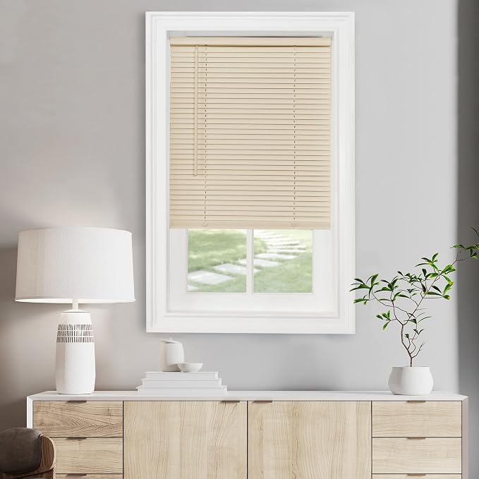 Cordless Light Filtering Mini Blind - 48 Inch Width, 64 Inch Length, 1" Slat Size - Alabaster - Cordless GII Morningstar Horizontal Windows Blinds for Interior by Achim Home Decor
