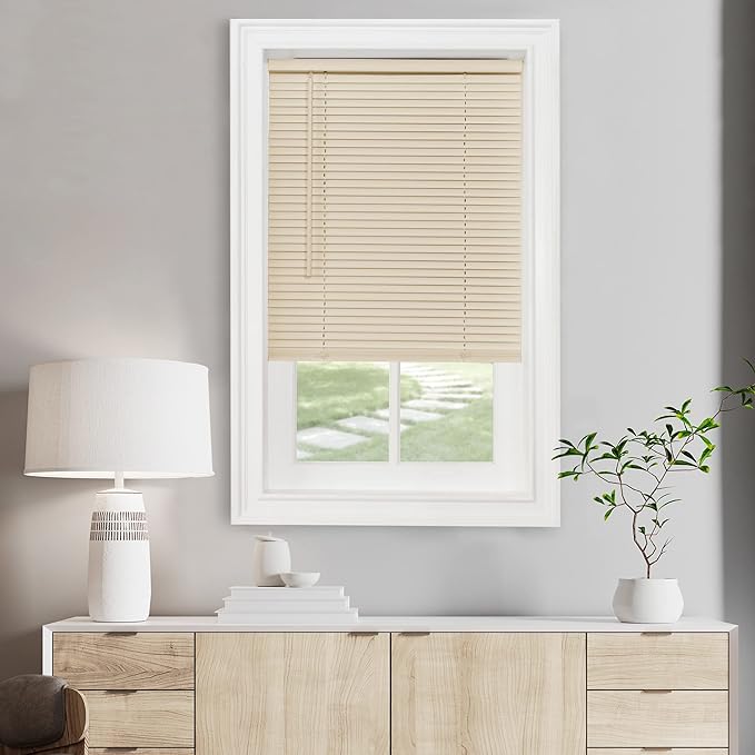 Cordless Light Filtering Mini Blind - 59 Inch Width, 64 Inch Length, 1" Slat Size - Alabaster - Cordless GII Morningstar Horizontal Windows Blinds for Interior by Achim Home Decor