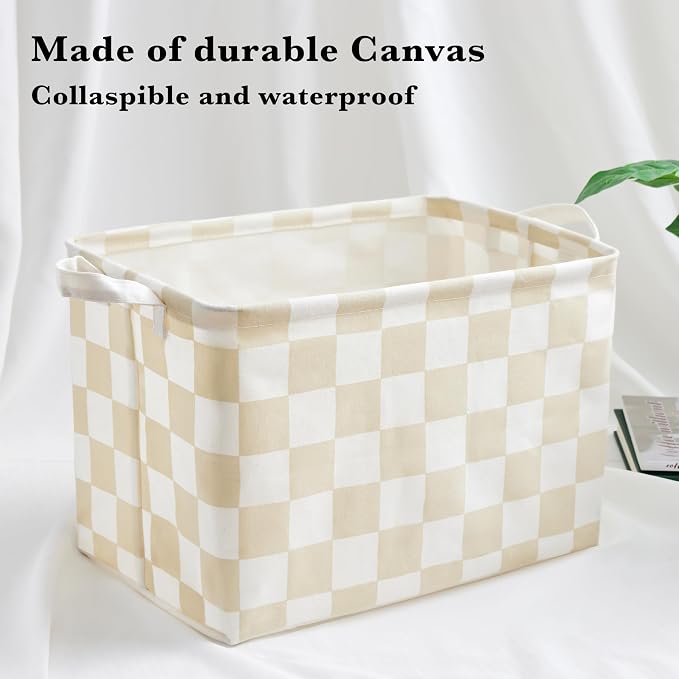 Ohocut Beige White Checkered Canvas Basket, Rectangular Organizing Decorative Storage Basket for Kids Dog Toy, Cute Aesthetic Race Cars Boy Room Decor for Home, Kitchen, Bedroom, Classroom, Shelves