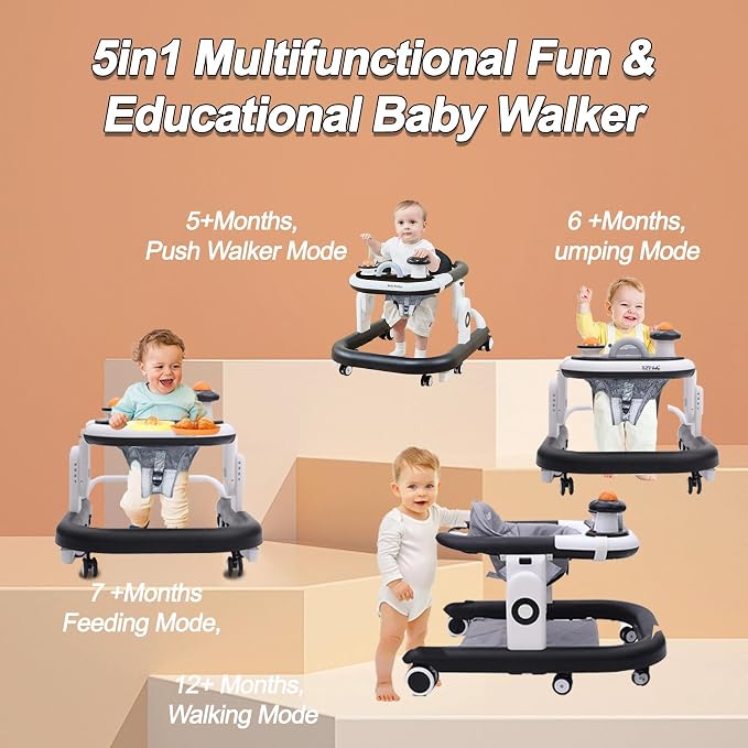 5-in-1 Baby Walker with Wheels Foldable Height-Adjustable Walker for Baby Boy 6-12 Months with Feeding Tray Multi-Functional Activity Center Battery-Free Function (Black)