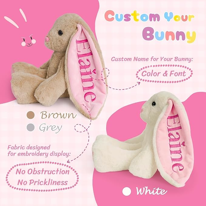 Custom Plush Bunny Toys with Child's Name, Embroidered Bunny Supe-Soft Stuffed Animals for Baby Toddlers, Personalized Birthday Christmas for Baby Girls Boys (White)