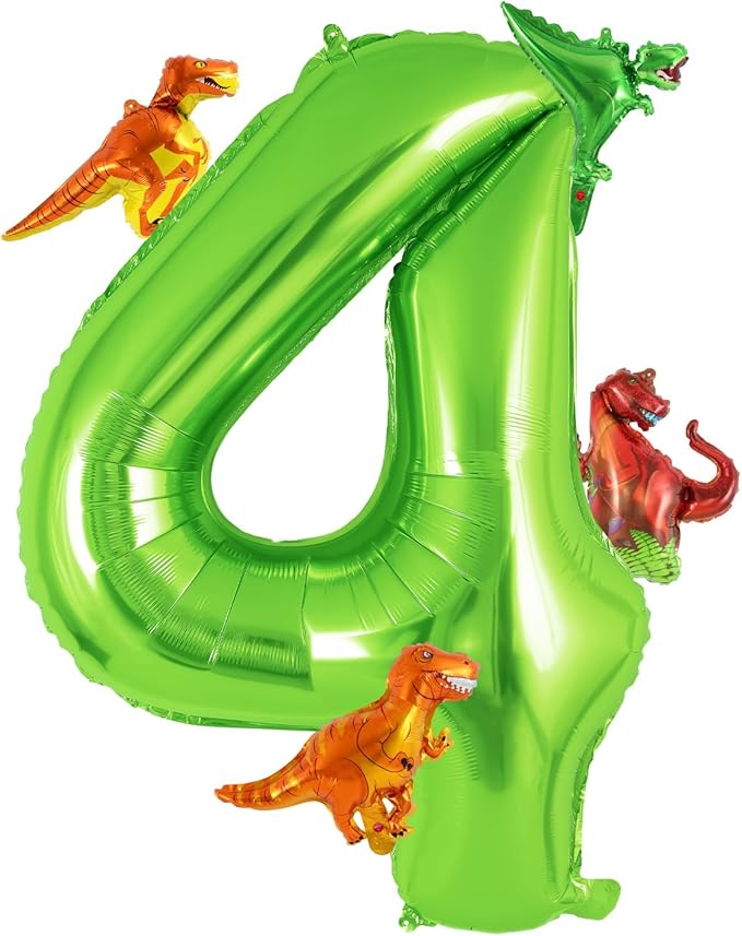 Dinosaur Green Number 4 Balloon, 40 Inch Big Large Foil Helium Green Number Balloon with 4 Pcs Mini Dinosuar, Dinosuar Mylar Balloons Set for 4 Year Old Birthday Party Decorations Supplies