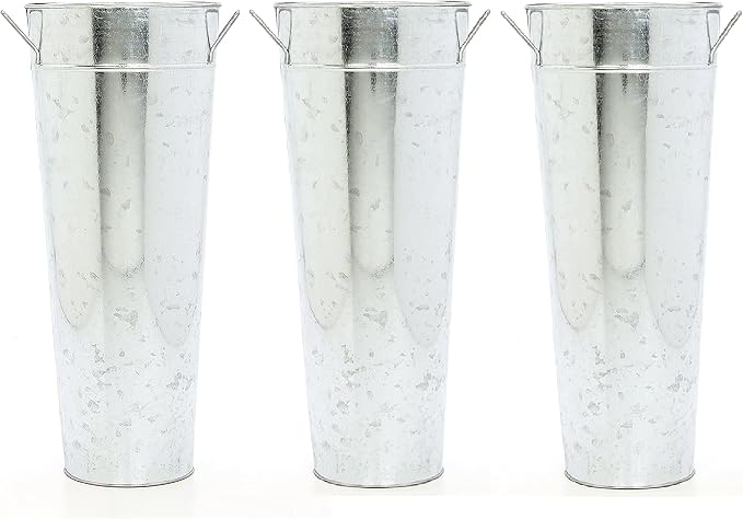 Hosley Set of 3 Galvanized French Bucket Vase with Handles 6"Dx15"H - Perfect for Weddings, Parties, Country Picnics, Floral Arrangements, Tableware Storage, or Candle Gardens - Rustic Farmhouse Décor