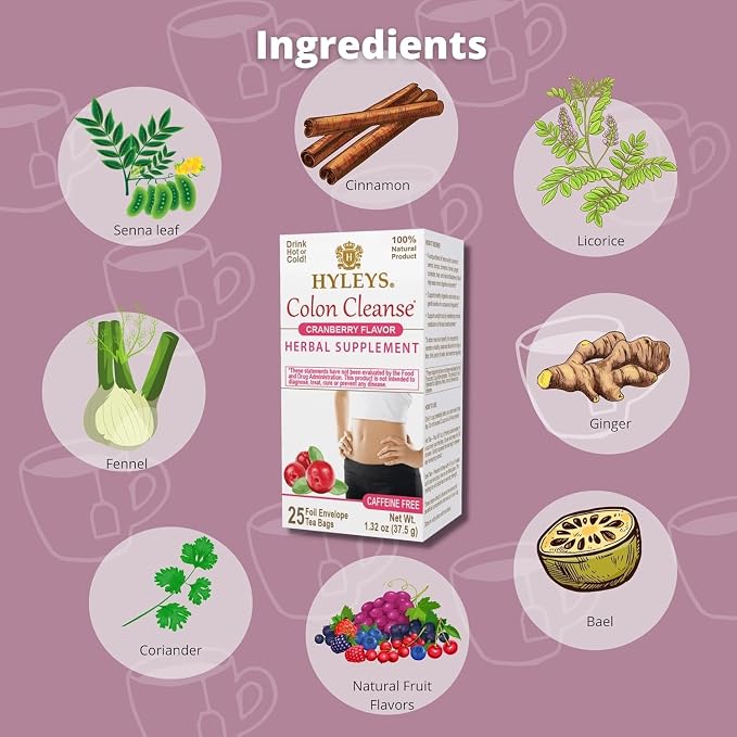 HYLEYS Colon Cleanse Tea, Cranberry Flavor - 150 Individually Wrapped Herbal Tea Bags (6 Pack of 25) - Caffeine Free, Gluten Free & Vegan