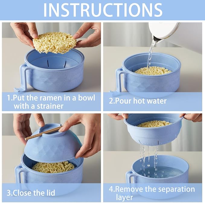 1 Set Microwave Ramen Cooker 40oz Wheat Straw Microwave Noodle Bowl Set with Chopsticks, Spoon, Fork, College Dorm Office Apartment Essentials (Light Blue)