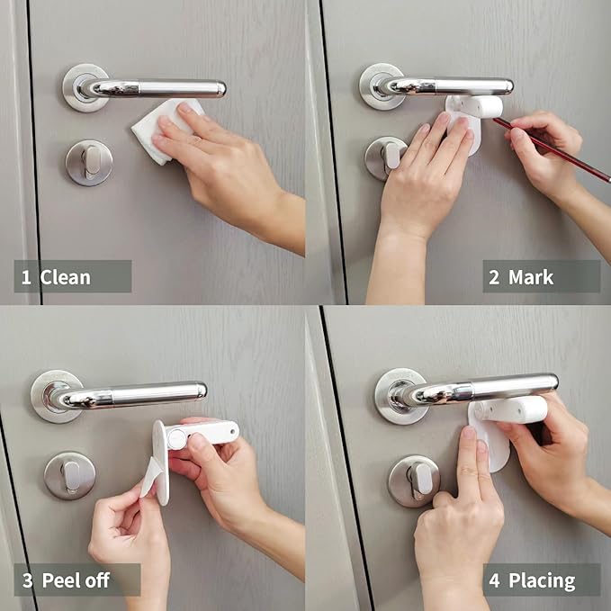 Childproof Door Lever Lock Prevents Toddlers Pets from Opening Doors, No Drill Tool Needed Easy to Instal, Child Safety Locks for Doors, Windows, washrooms (White, Pack, 4)