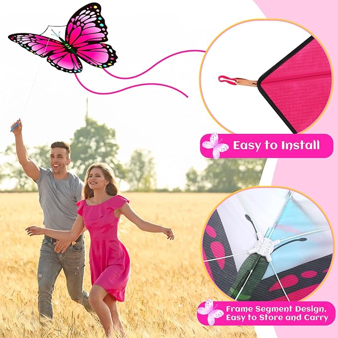 Silipull 2 Pcs Butterfly Kite 55" x 28" Large Kites with 328ft Kite String Beach Colorful Kites for Adults Beginner Outdoor Supplies (Pink and Green)