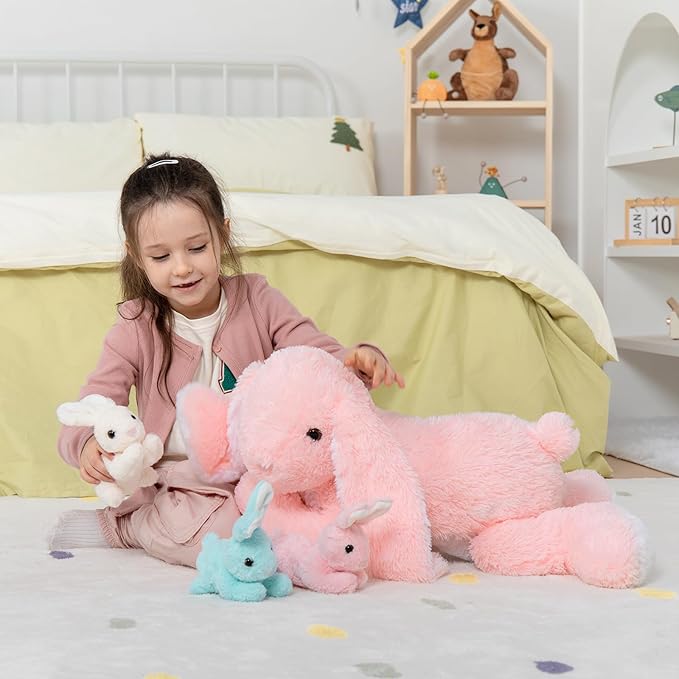 MaoGoLan 4Pcs Giant Bunny Stuffed Animal with 3 Babies Inside, 24" Easter Bunny Plush Toys, Soft and Cuddly Pink Stuffed Rabbit Gift for Kids,Girls,Boys,Teens