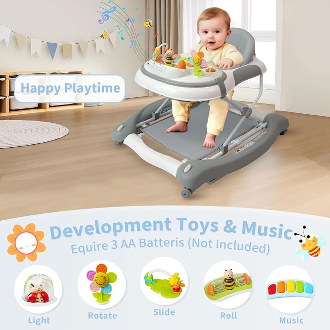 5 in 1 Baby Walker, Music and Lights Walker for Baby Boy Girls 6-12 Months, Foldable Baby Walkers with Wheels and Bouncer Combo Portable, Toddler Infant Walker with Adjustable Height