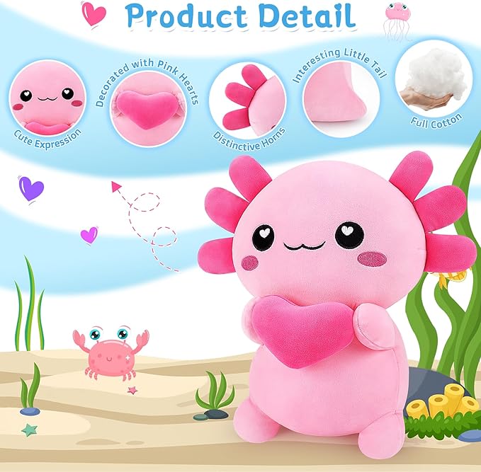 Achwishap Axolotl Plush,Axolotl Stuffed Animal Plush Toys,14” Salamander Plushie,Cute Plushies Soft Newt Plushy Kawaii Plushies Huggging Pillow,Cuddly Animal Body Pillow for Birthday(Pink)