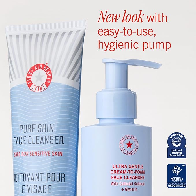 First Aid Beauty Ultra Gentle Cream-to-Foam Pure Facial Cleanser – Makeup Removing Face Cleanser - Face Wash with Colloidal Oatmeal & Glycerin, for Sensitive, Acne & Blemish-Prone Skin, 6 oz