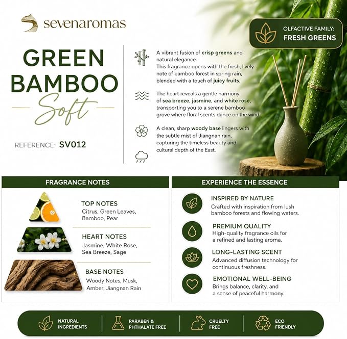 SevenAromas Green Bamboo Soft | 45ml 1.5oz Hotel Scent Diffuser Oil | Fresh Green | Bamboo, Jasmine & Cedar | Luxury Aromatherapy