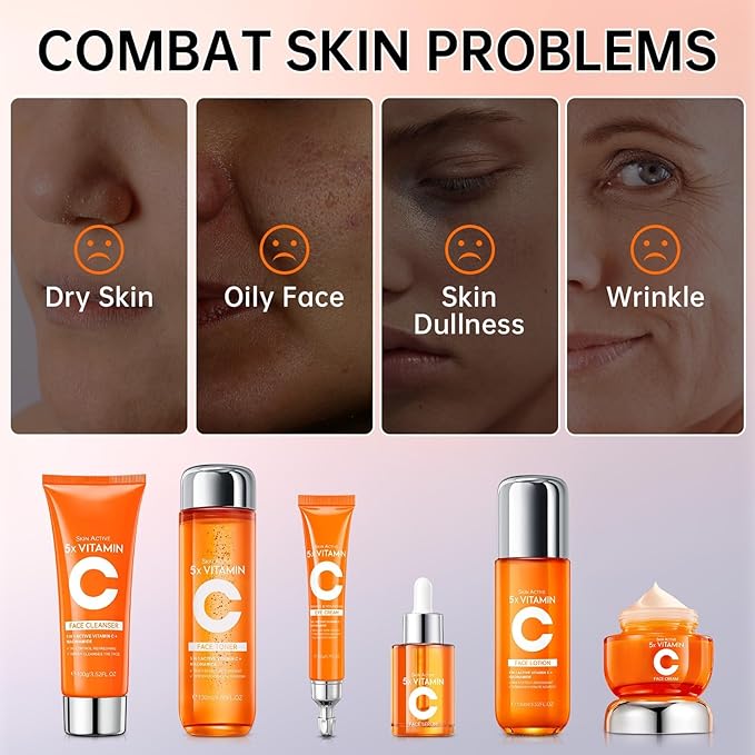 Vitamin C Skin Care Set for Women - 6PCS Skincare Gift Set With Facial Cleanser, Toner, Eye Cream, Serum, Lotion & Face Cream - Moisturizing Skin Care Kit for Anti-Wrinkle, Valentine’s Day Gift