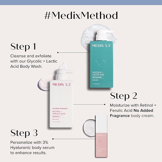 MEDIX Fragrance Free Firming Retinol Body Lotion + 3% Hyaluronic Acid Serum Booster 2pc Skin Care Set | Crepey Skin Care Treatment | Anti Aging Body Cream & Face Moisturizer For Crepe Skin & Dry Skin