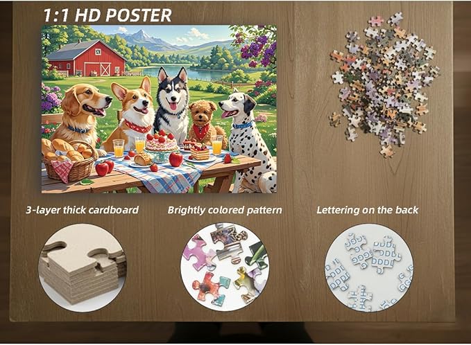 1000 Pieces Jigsaw Puzzles for Adults, Animal Series - Detailed Wildlife Art, Educational Family Game, Large 28" x 20", Great Gift for Animal Lovers & Home Decor（Puppy Picnic）