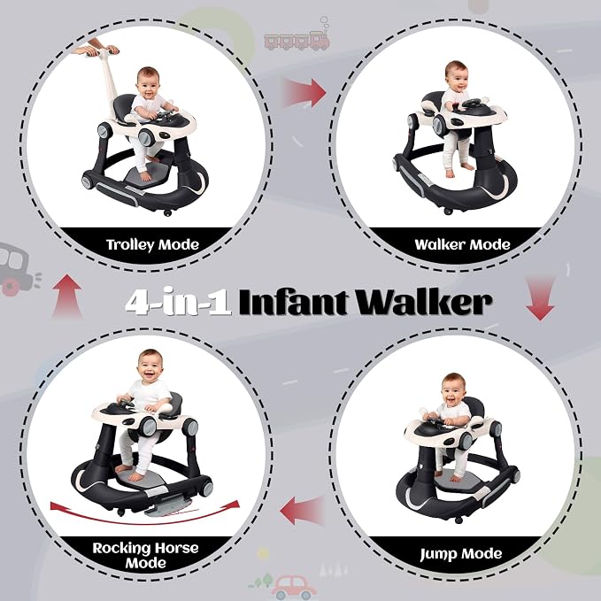 Baby Walker, 4-in-1 Baby Walker with Wheels Portable, Foldable Infant Toddler Walker for Boys Girls 6-18 Month,Removable Footrest,Car Steering Wheel & Music, Adjustable Push Walker Black