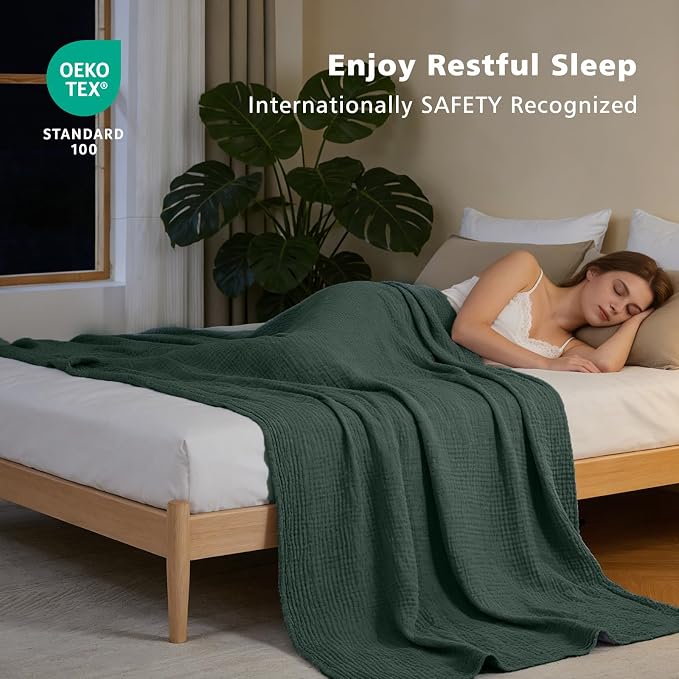 EMME Cotton Muslin Twin XL Blanket Breathable Gauze Soft Lightweight Blankets Adults Gifts for Women (Heather Forest Green, 66"x90")