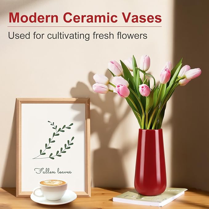 Ceramic Vase, GUKJOB Small Cute Flower Vase for Pampas Grass, Home, Living Room, Dining Table, Farmhouse, Office Decor, Bedroom, Table, and Kitchen Shelf (086 Red)