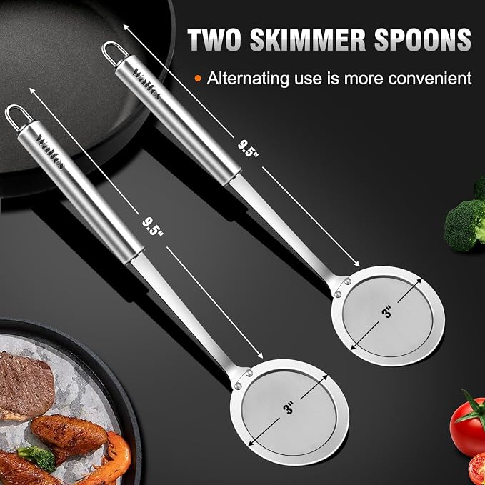 Walfos Skimmer Spoon,304 Stainless Steel Fine Mesh Strainer,Foam Strainer Oil Filter,Ultra Fine Mesh Strainer Perfect For Separation Of The Floating Foam,Fat,Set fo 2