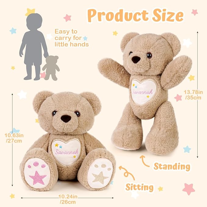 Custom Teddy Bear with Name Embroidery – Personalized Bear Plush Stuffed Animal for Toddlers Kids 1-10, Personalized Birthday for Baby Boys Girls(Brown)
