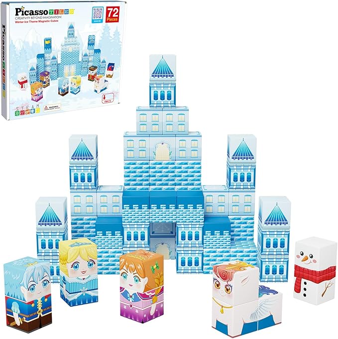 PicassoTiles Magnet Cube Winter Ice Themed Mix and Match Building Block Castle Construction Toy with 7 Magnetic Cubed Character Action Figures STEM Learning Education Sensory Pretend Play Age 3+ PMC72