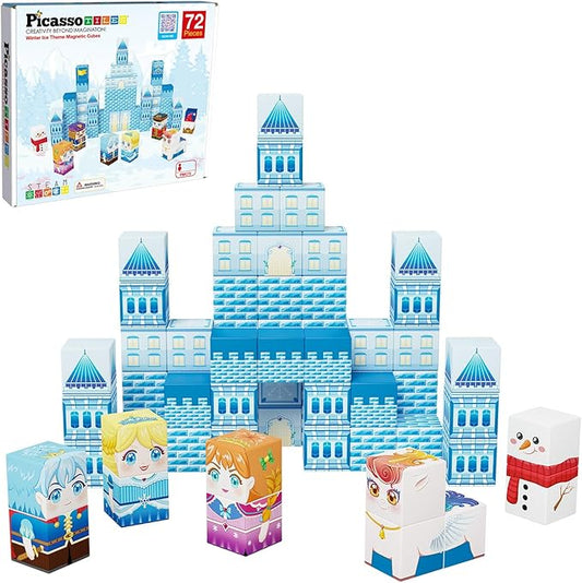 PicassoTiles Magnet Cube Winter Ice Themed Mix and Match Building Block Castle Construction Toy with 7 Magnetic Cubed Character Action Figures STEM Learning Education Sensory Pretend Play Age 3+ PMC72