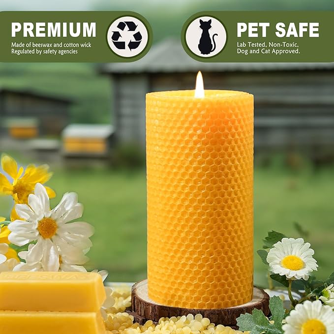 Beeswax Pillar Candles 4 Pack, Beeswax Candle Non-Toxic for Home | Natural Beeswax,Non-toxic,Emergency Candle,Organic,Handmade,Unscented,Long Burning,2.8x6 Inch,Prayer,Bees Wax Candles