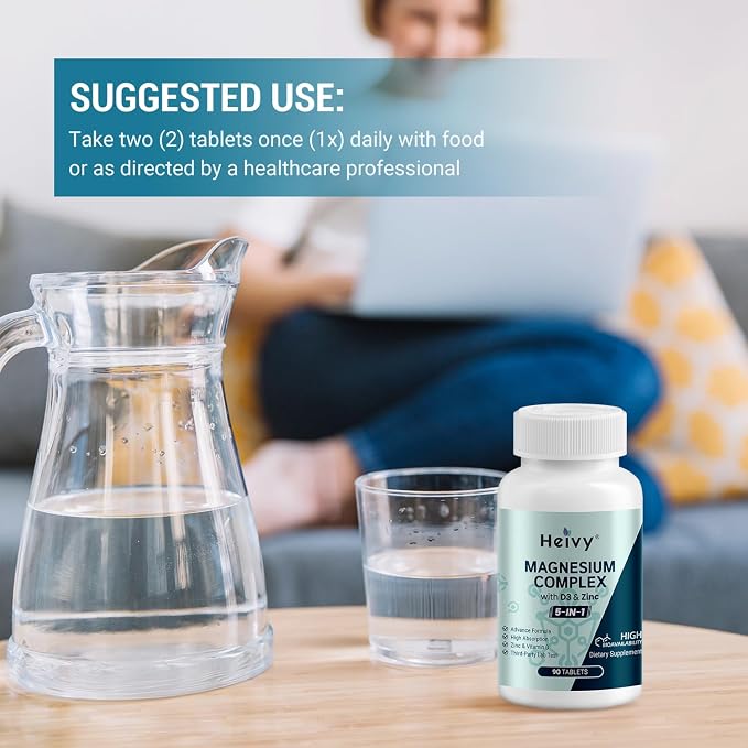 Heivy Magnesium Complex, Magnesium Glycinate, Citrate, Malate, Oxide, Gluconate with Zinc and Vitamin D3, Magnesium Supplement for Muscle, Nerve, Heart, Bone Support, High Absorption, 90 Tablets