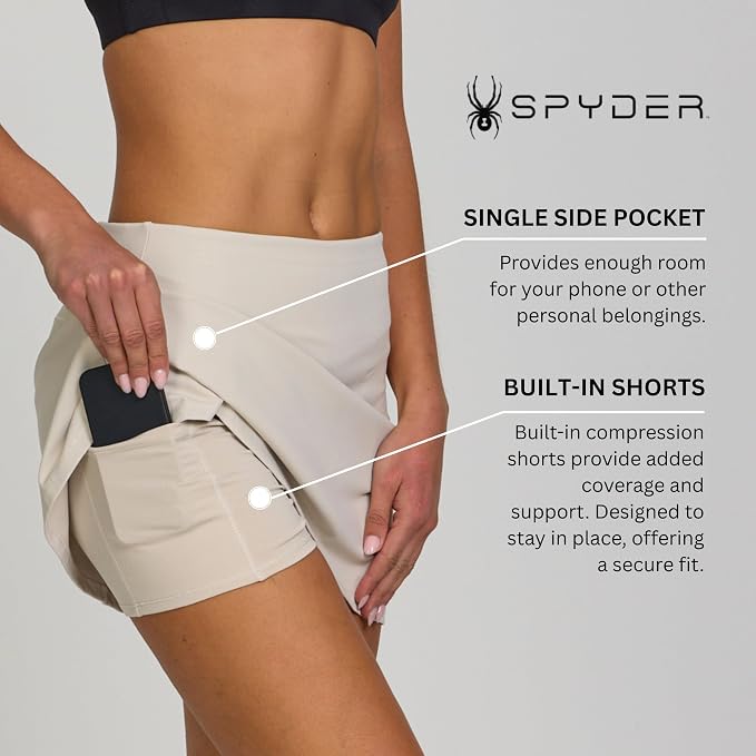Spyder Skorts for Women - Built-in Shorts, Skirt for Golf Tennis Pickleball | Stretch fabric; true to size; inner shorts liner; lightweight; breathable; ideal for gym, running, yoga, hiking, work outs