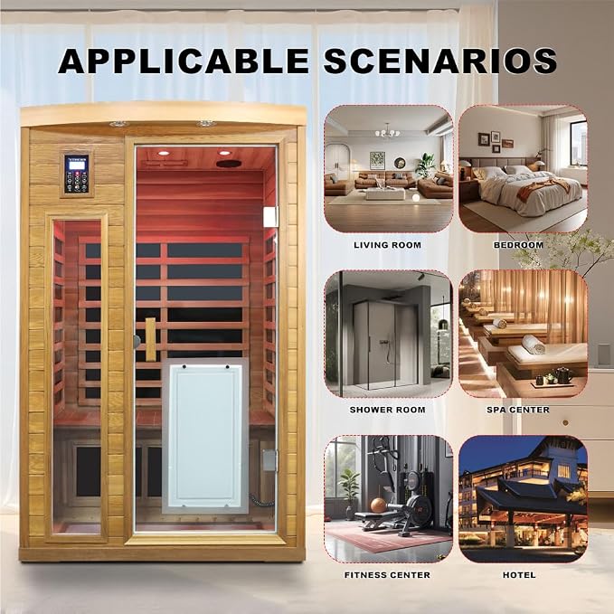 2 Person Ultra Low EMF Infrared Sauna for Home, Red Cedar Wood Far Infrared Saunas, 1750watt Indoor Personal Sauna with Door Heating Panels, Blue-tooth, 7-Color Chromotherapy Lights, 2 Outdoor Lamps