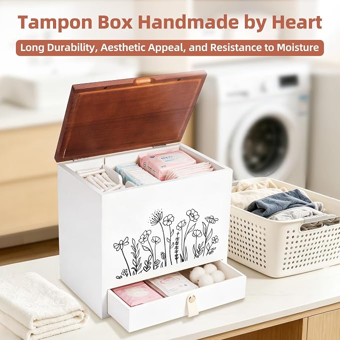 2-Layer Solid Wood Tampon Box Storage Organizer, 100% Wood Bathroom Feminine Accessories Holder with Drawer, Dual-Compartment Holder for Pads, Tampons, & Liners, Gold Floral, Gifts for Women