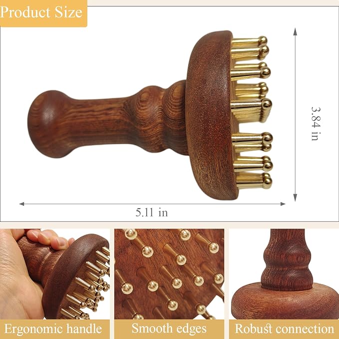 29teeth Copper Head Massage Comb for Body and Scalp Meridian Point Massager Brush for Body and Scalp Relief Body Massage Brush for Cellulite Remover Chinese SPA Gua Sha Tool Wooden Handle