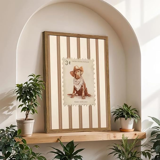 Western Cowboy Dog Wall Art, Vintage Striped Animal Southwestern Wall Decor Pictures Retro Southwest Cowboy Poster Painting Canvas Print for Living Room Bedroom 16x24 Inch Wood Framed