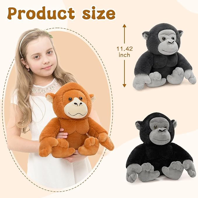 3Pcs Bulk Gorilla Plush, Cute Soft Gorilla Stuffed Animal Set for Kids,11.4" Mini Stuffed Zoo Animal Toy for Birthday, JungleTheme Party Baby Shower Decor(Black,Rufous,Gray)
