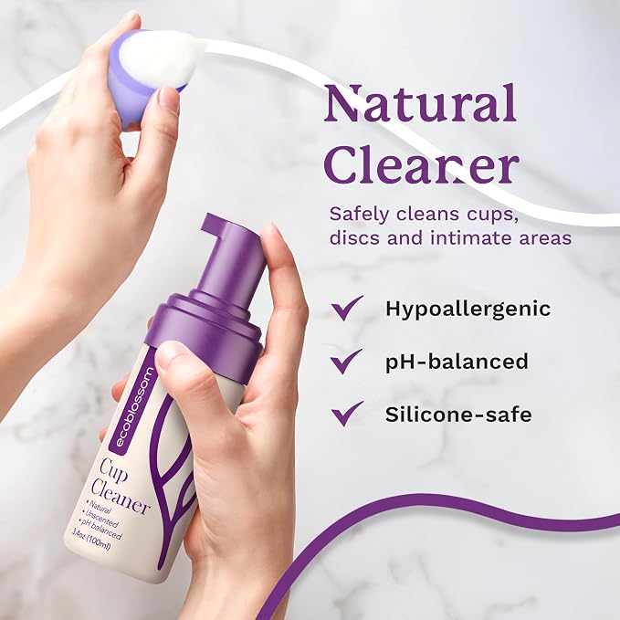 EcoBlossom Menstrual Cup Cleaner - Unscented Foaming Sterilizer Wash for Silicone Period Discs - Wipes Clean, Organic Ingredients, Natural, pH-Balanced (3.4 Ounce (100ml))